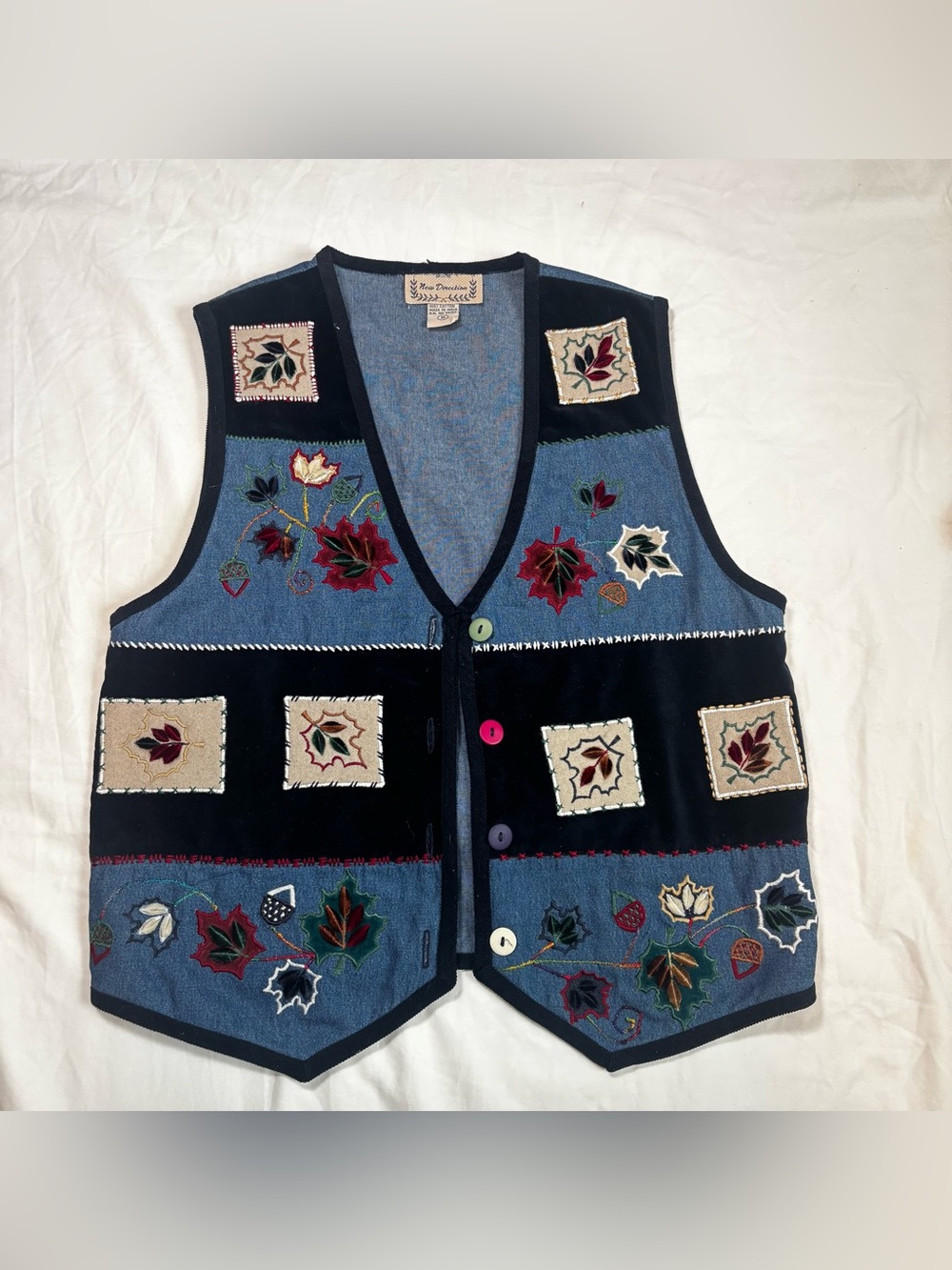 Vintage New Directions Denim Vest Womens MEDIUM Embroidered Floral Fall